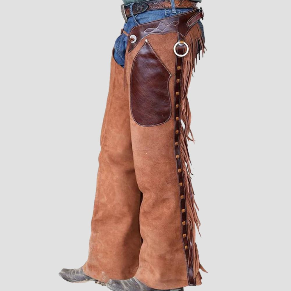 These premium leather chaps are perfect for blending rugged ranch fashion with bold biker style.