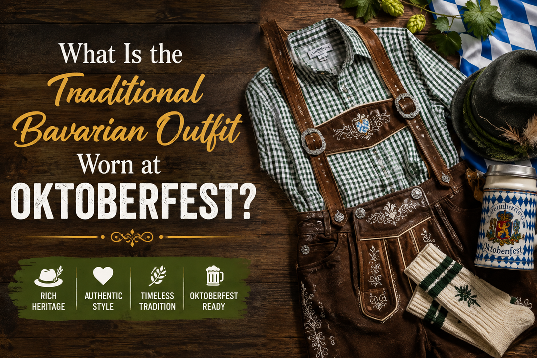 Traditional Bavarian Oktoberfest outfit with authentic leather lederhosen, checkered shirt, Tyrolean hat, and accessories.
