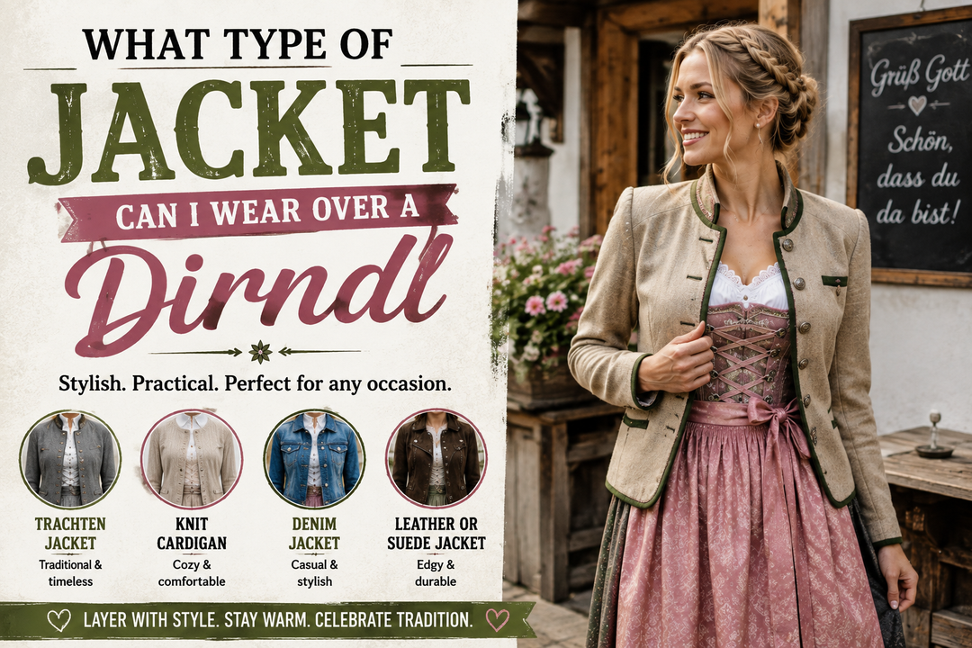 Woman styling a Trachten jacket over a traditional Dirndl outfit