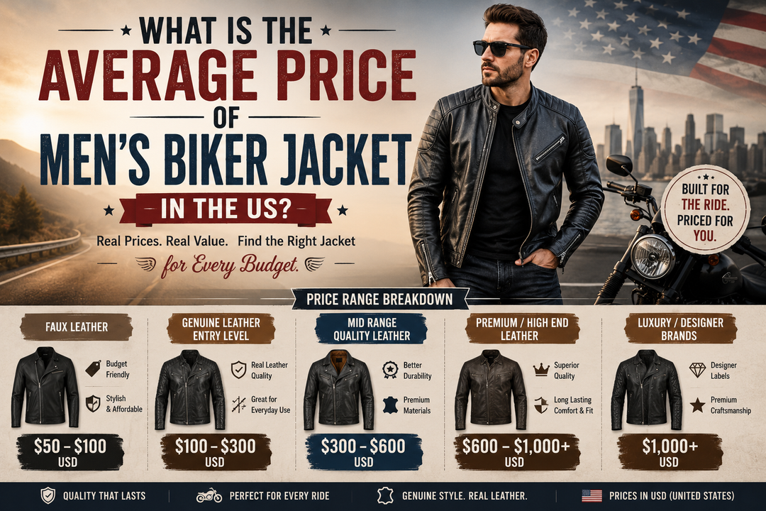 Men’s biker jacket price guide in the US showing faux, genuine, premium, and designer leather options.