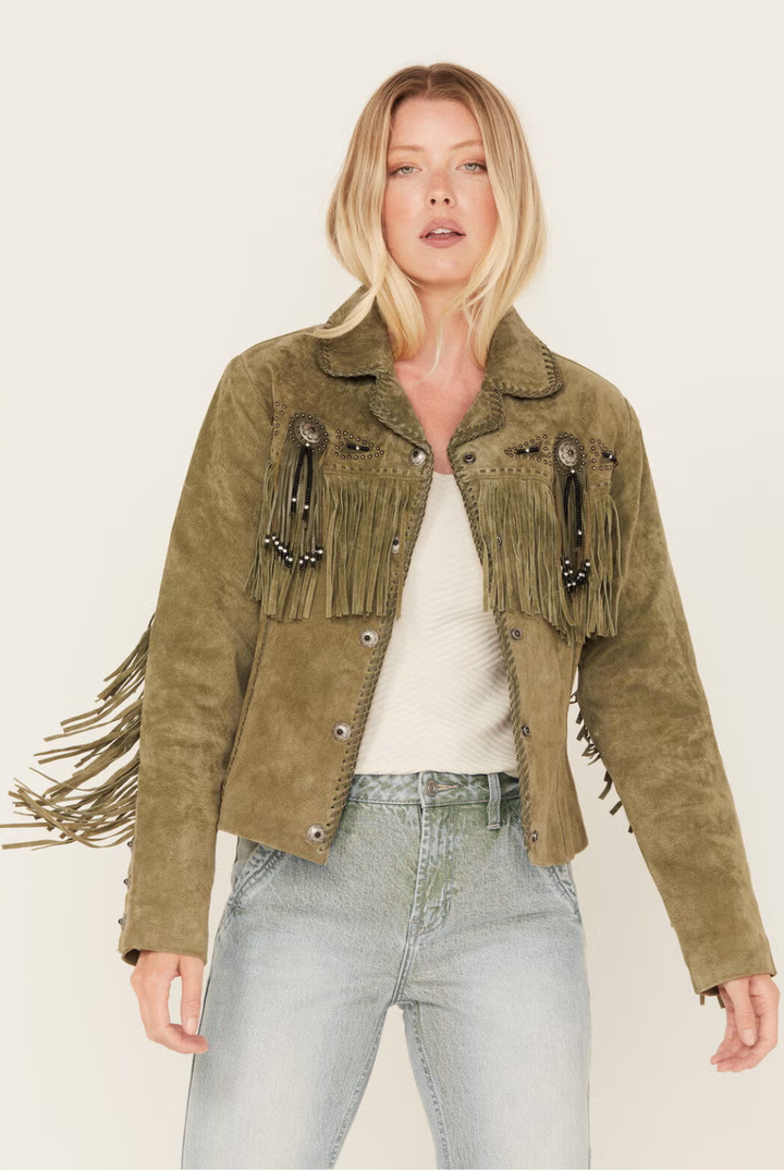 Stylish Western Suede Leather Jacket For Women With Fringes