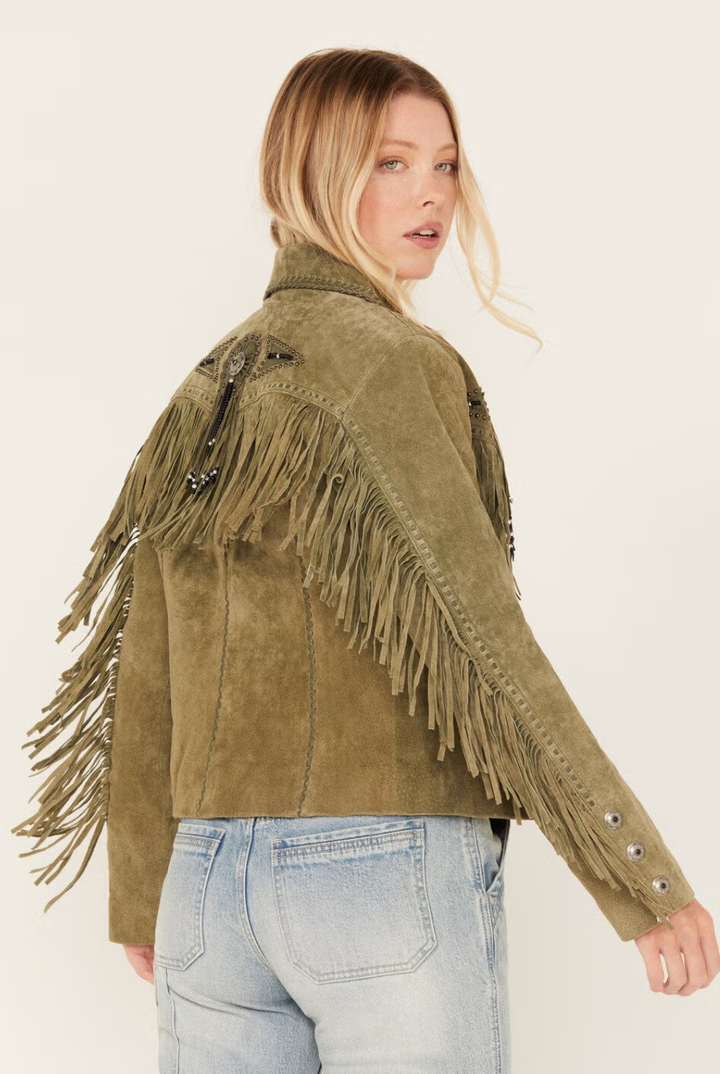 Stylish Western Suede Leather Jacket For Women With Fringes