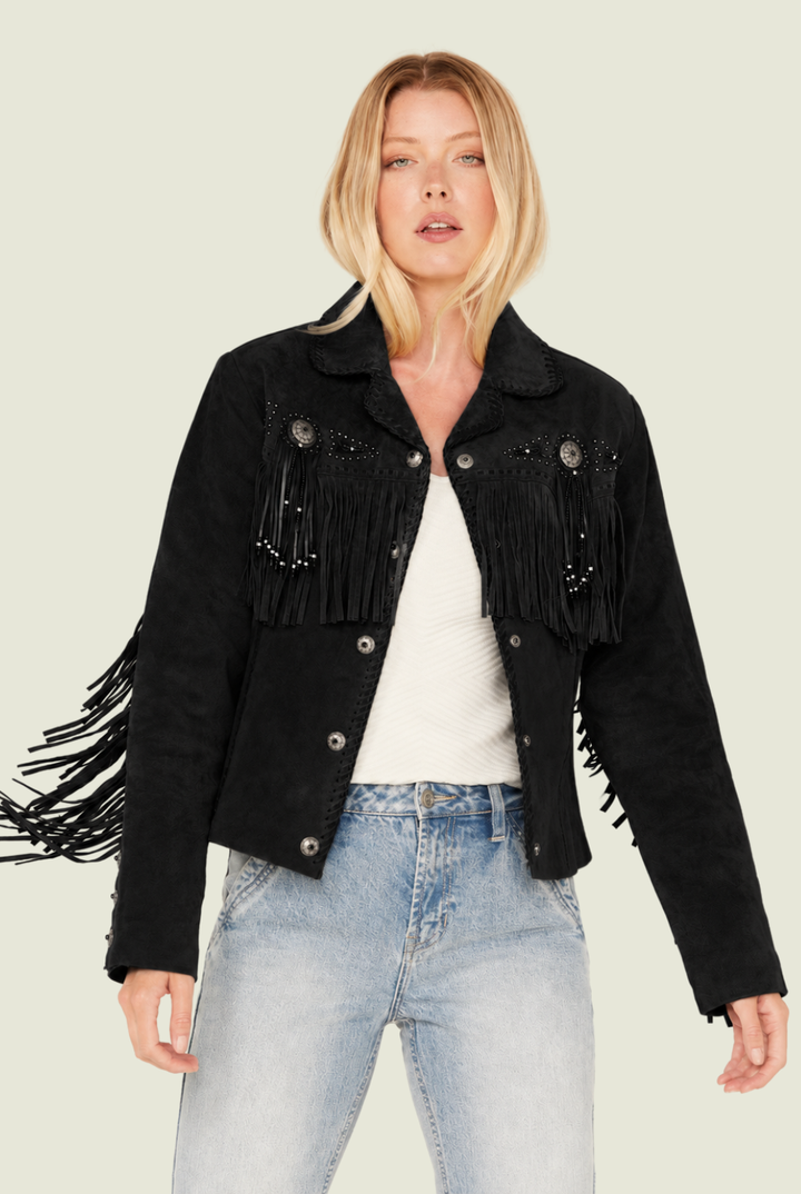Stylish Western Suede Leather Jacket For Women With Fringes