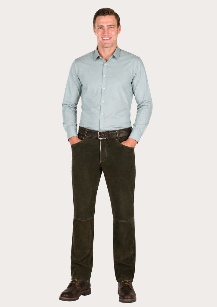 Vintage-inspired men's suede leather trousers crafted for comfort and durability
