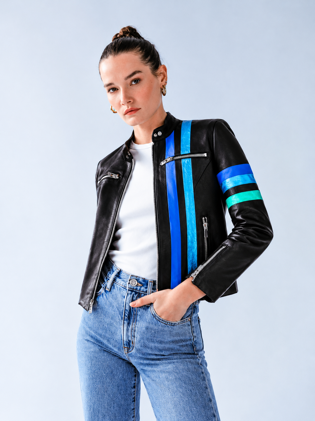 Women’s Striped Leather Jacket | Racing Biker Style