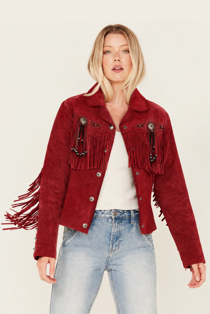 Stylish Western Suede Leather Jacket For Women With Fringes