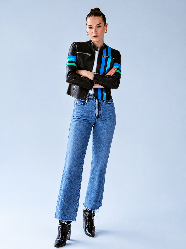 Women’s Striped Leather Jacket | Racing Biker Style
