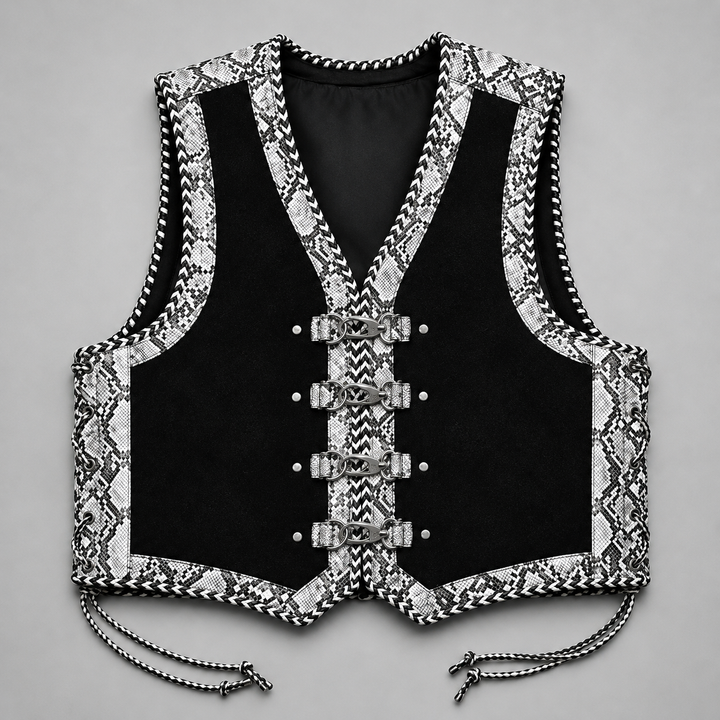 Black Snakeskin Print Gothic Leather Biker Vest