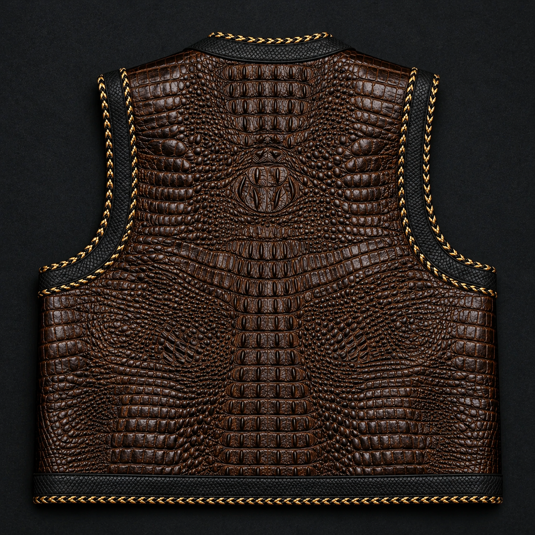 Black Crocodile Embossed Leather Vest with Red Trim