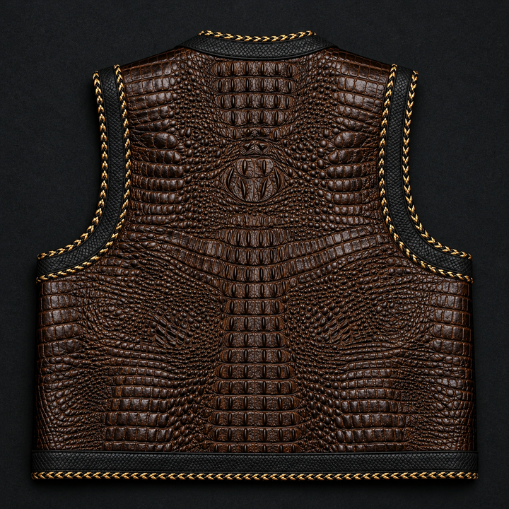 Black Crocodile Embossed Leather Vest with Red Trim