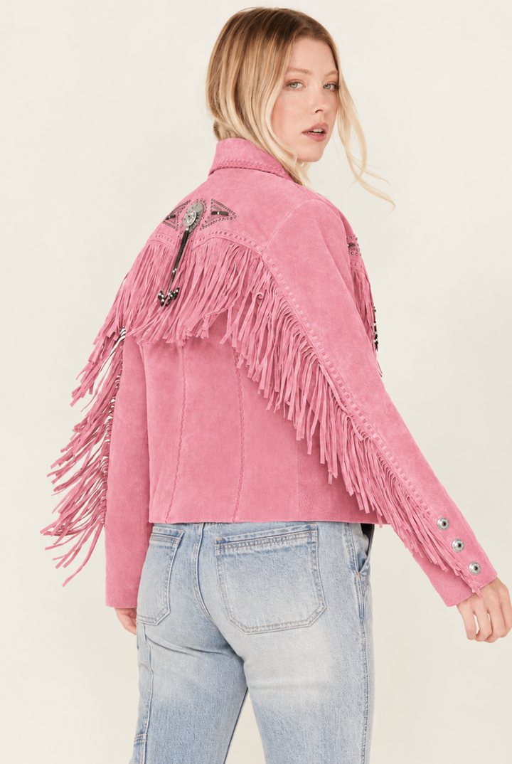 Stylish Western Suede Leather Jacket For Women With Fringes