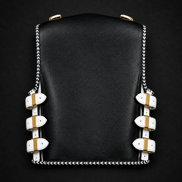 Black Leather Gothic Biker Vest with White Buckle Straps