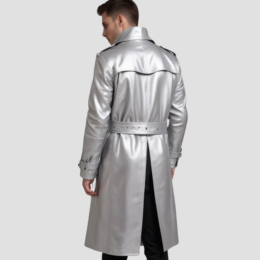 Comfortable Men’s Silver Leather Trench Coat For Long Wear