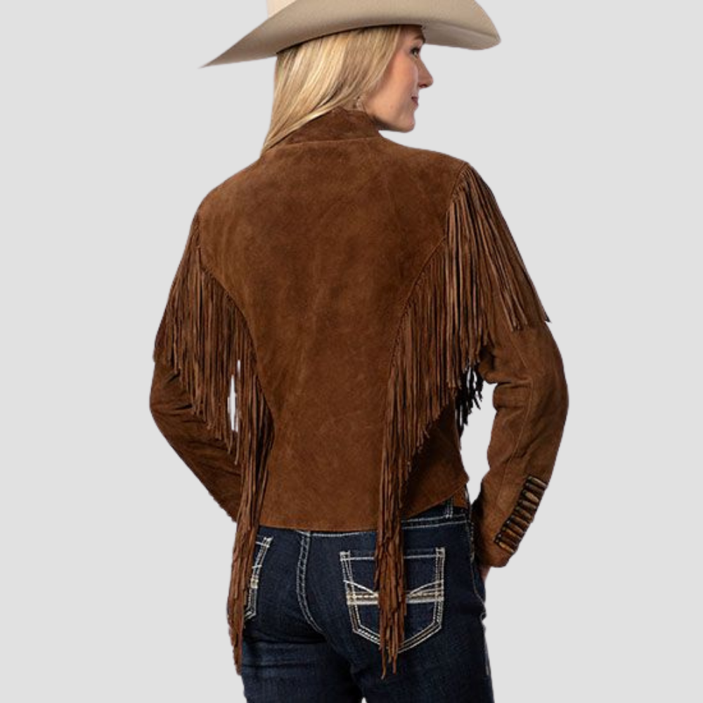  Make a statement with a classic fringe Western brown suede leather jacket. The luxurious suede and bold fringe detailing bring Western charm to your wardrobe, adding a stylish touch to your look.