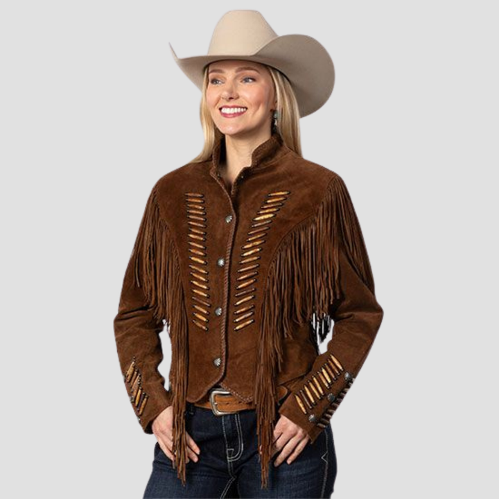 Shop a classic fringe Western brown suede leather jacket for women. The timeless design, soft suede, and bold fringe detailing create a chic, rustic look with a Western flair.