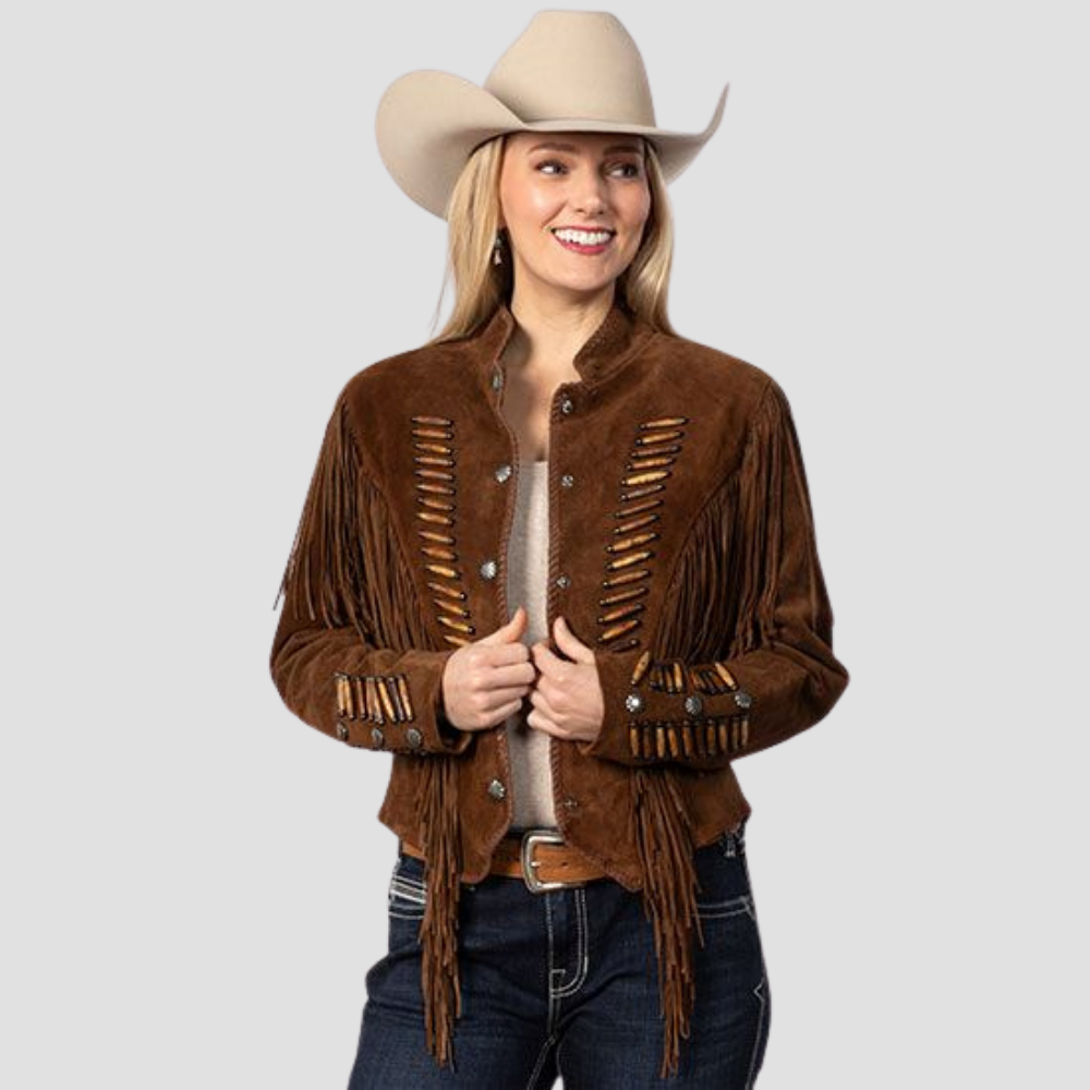 Elevate your wardrobe with a classic fringe Western brown suede leather jacket for women. The premium suede material and stylish fringe details combine for a chic, Western-inspired look.