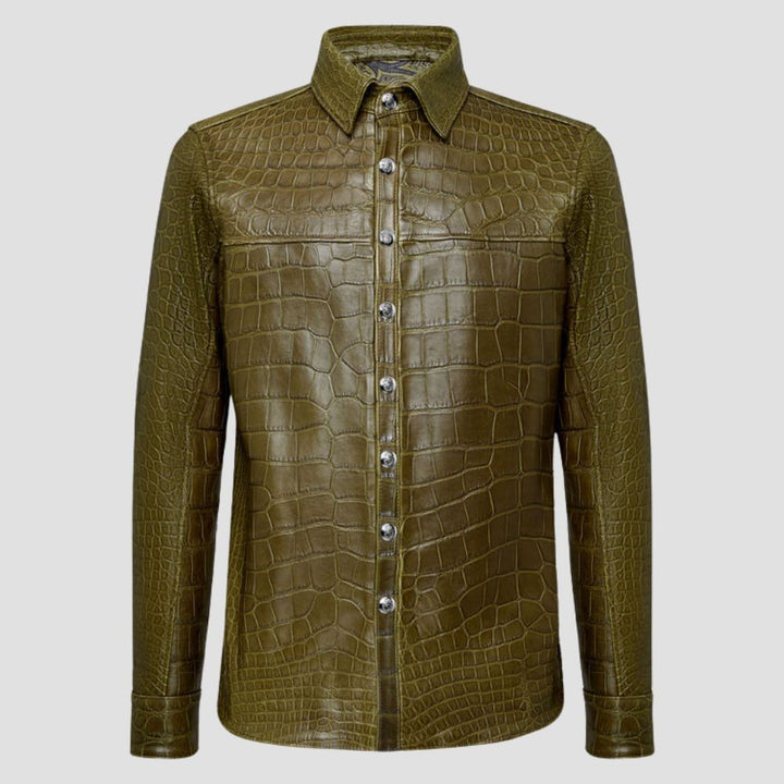 Unique Green Crocodile Embossed Leather Shirt For Men