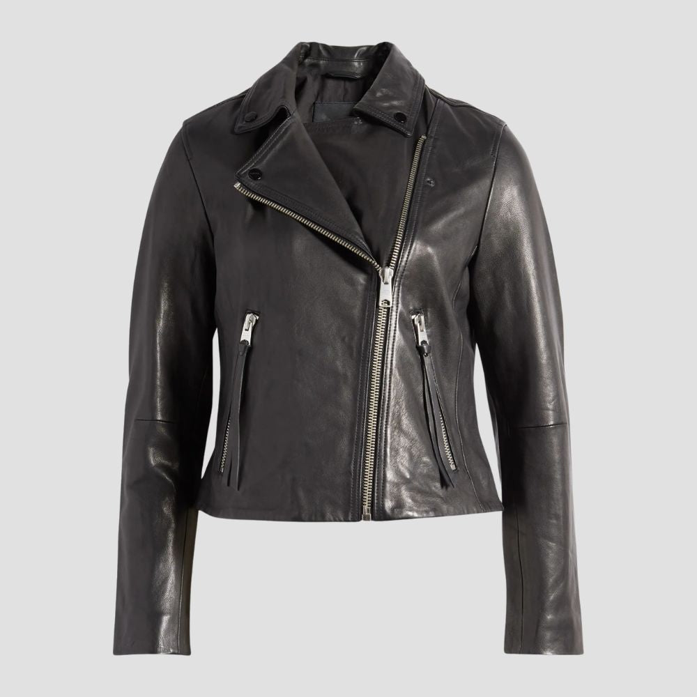 This stylish moto leather jacket for women offers a sleek design with edgy details, giving you the perfect combination of sophistication and attitude.