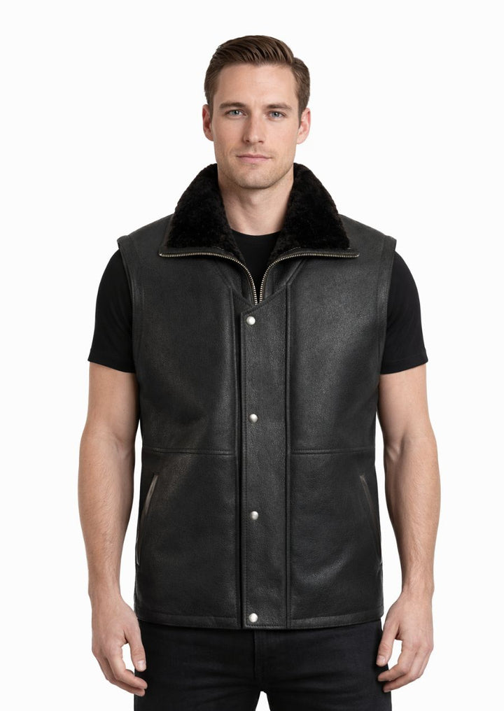 Premium black fur vest made with genuine sheepskin leather