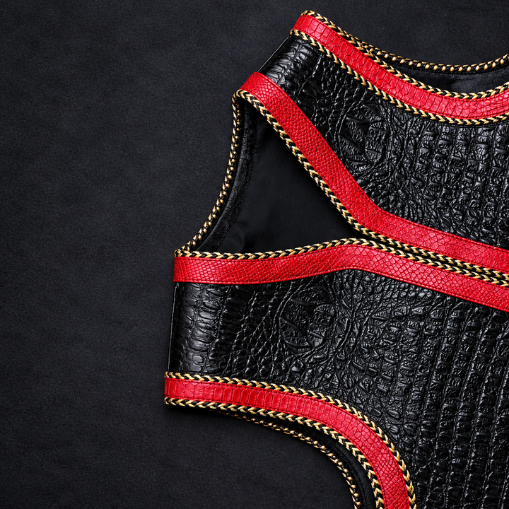 Black Crocodile Embossed Leather Vest with Red Trim