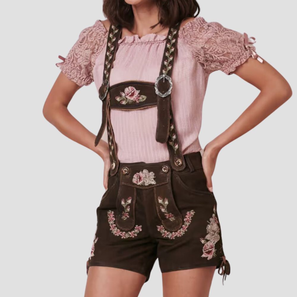 These affordable women’s lederhosen feature intricate floral embroidery, combining tradition and elegance. Perfect for festivals and cultural events.