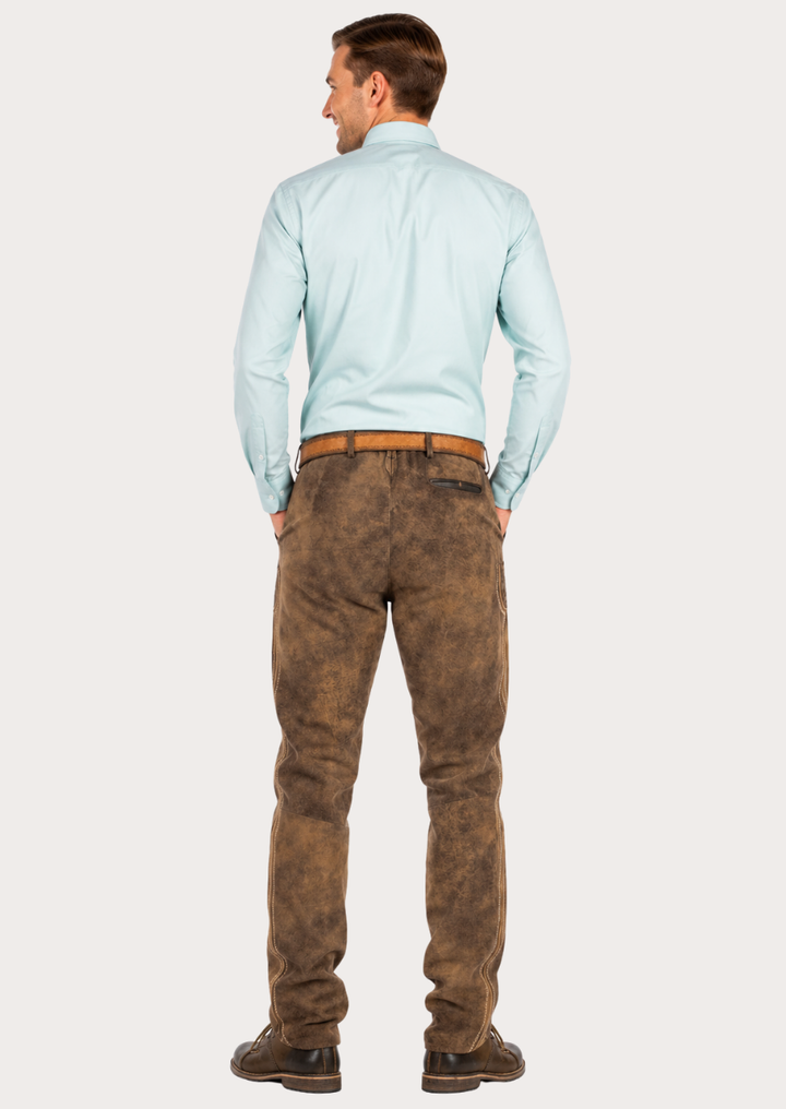 Classic Alpine-style long leather Lederhosen trousers designed for men’s heritage wear