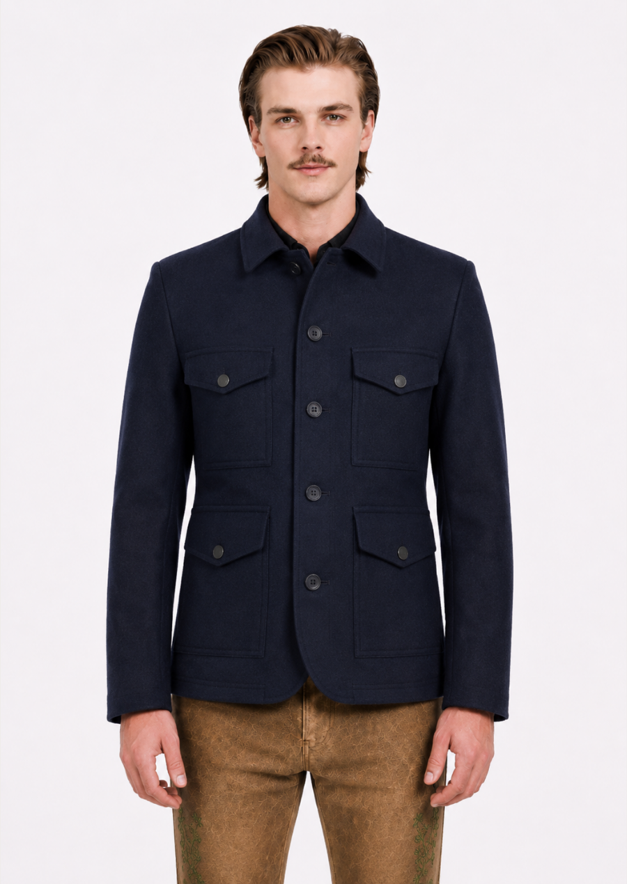 Elegant men's navy wool field jacket inspired by authentic European heritage fashion