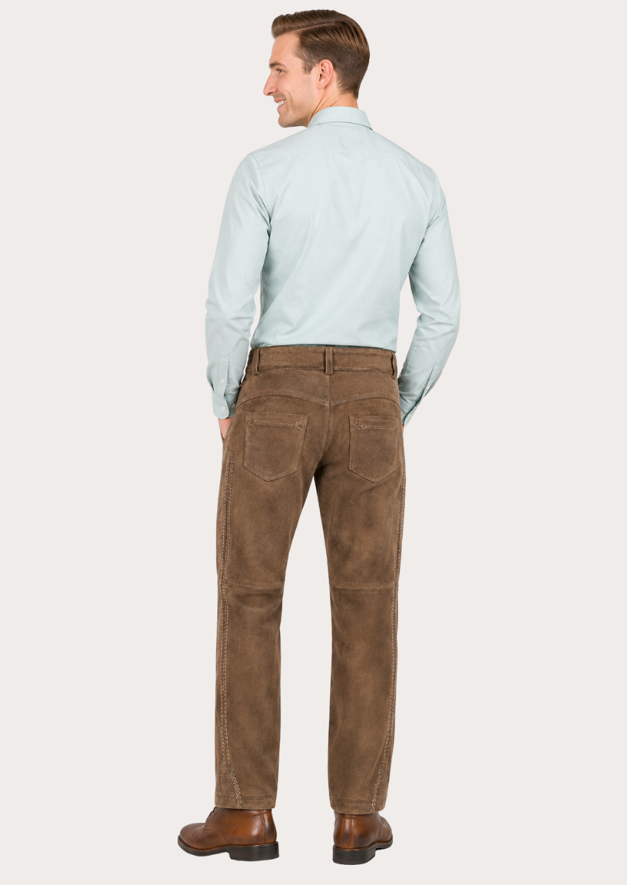 Authentic brown leather Bavarian trousers for men with heritage-inspired detailing and comfort