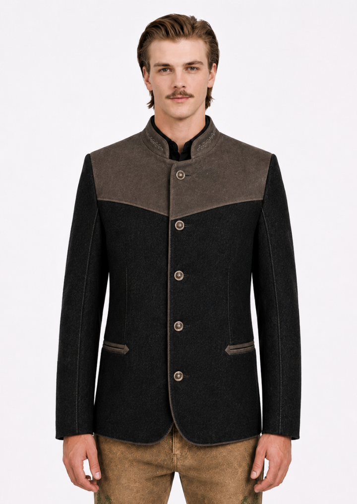 Alpine Tradition black wool Austrian Trachten jacket for men with classic heritage styling