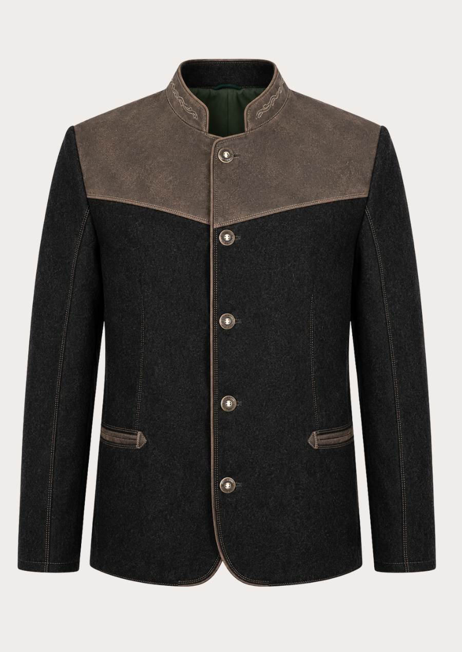 Premium black wool Trachten jacket inspired by traditional Austrian Alpine fashion