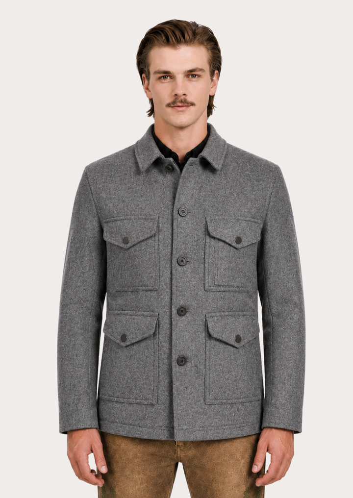 Traditional grey wool hunting coat featuring timeless Alpine craftsmanship