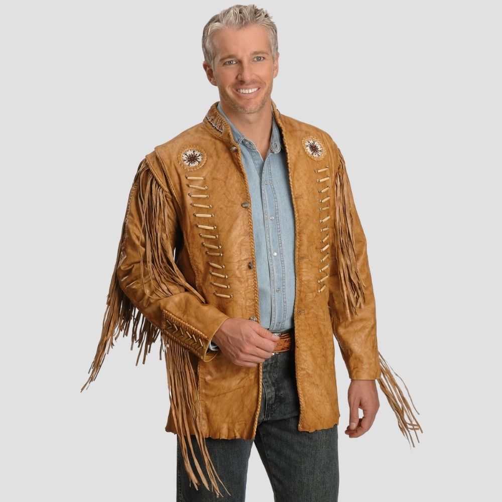 Genuine men’s brown fringe jacket with classic sheepskin leather.