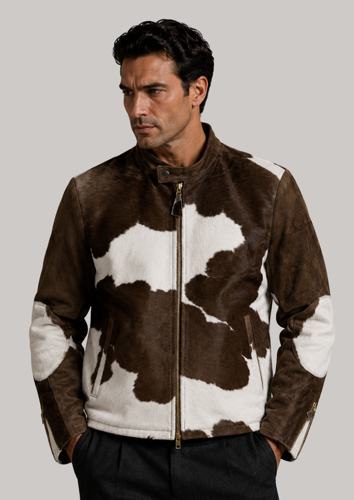 Western-inspired hair on hide cowhide biker jacket for men