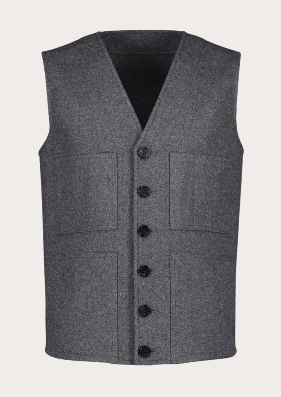 Austrian Heritage grey Loden vest with patch pockets and traditional Alpine styling