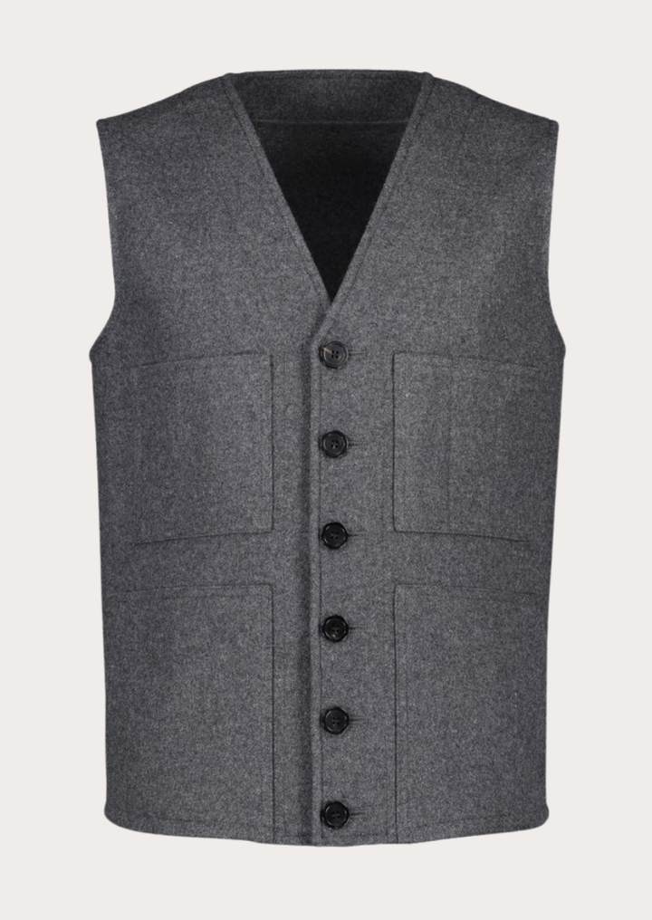 Austrian Heritage grey Loden vest with patch pockets and traditional Alpine styling