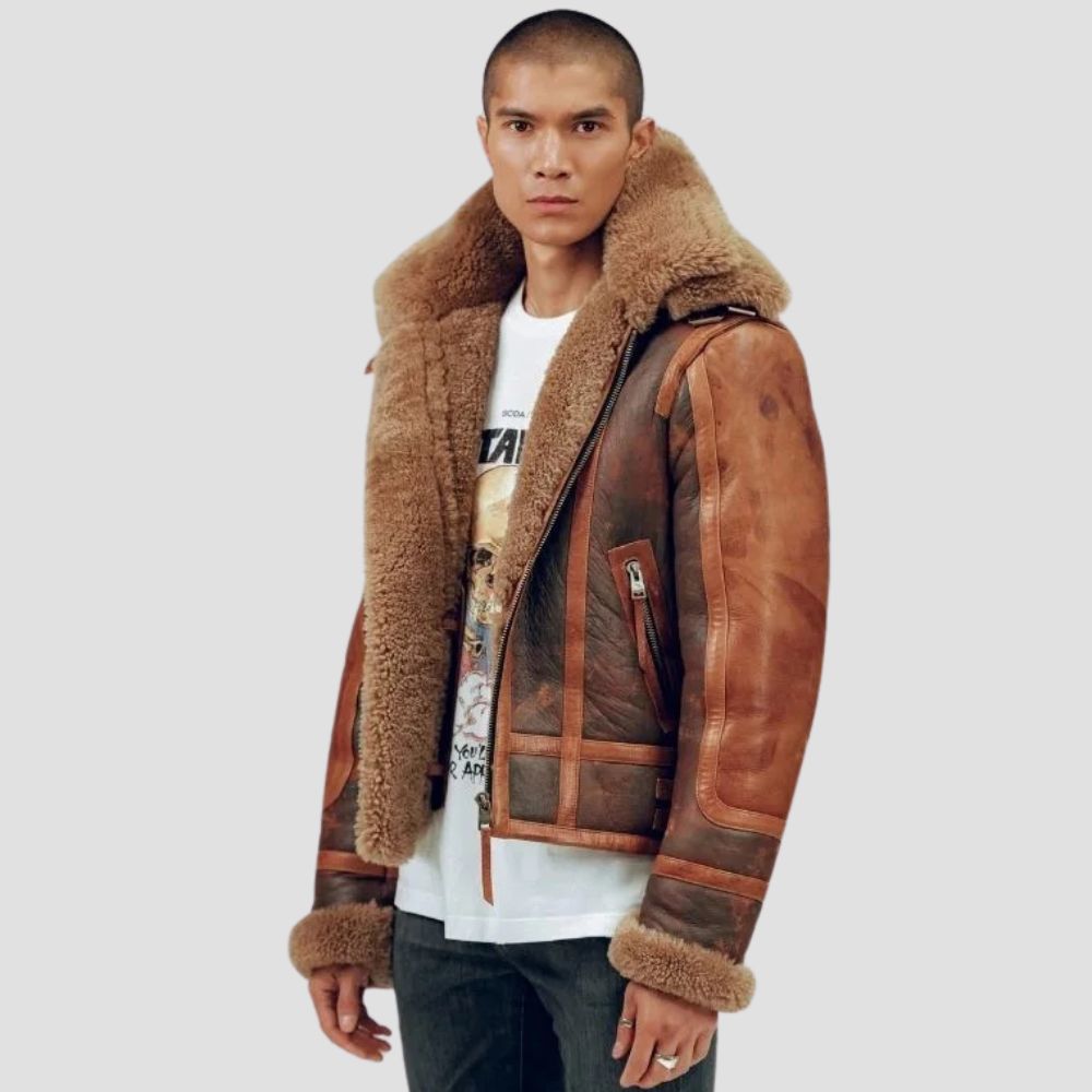 Embrace the winter chill with this stylish Aviator flying shearling leather jacket, designed to keep you warm and looking sharp.