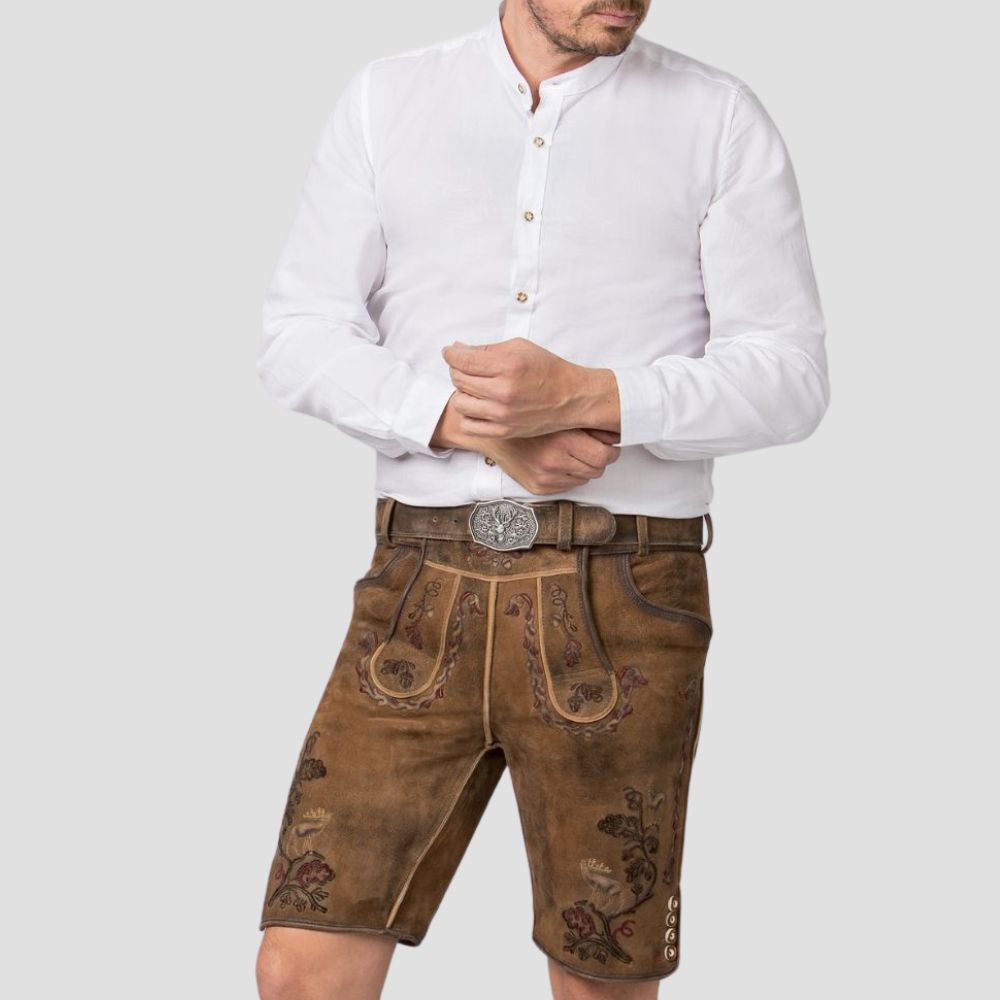 Showcase your cultural pride in these men’s embroidered Lederhosen, crafted to honor German traditions and heritage.