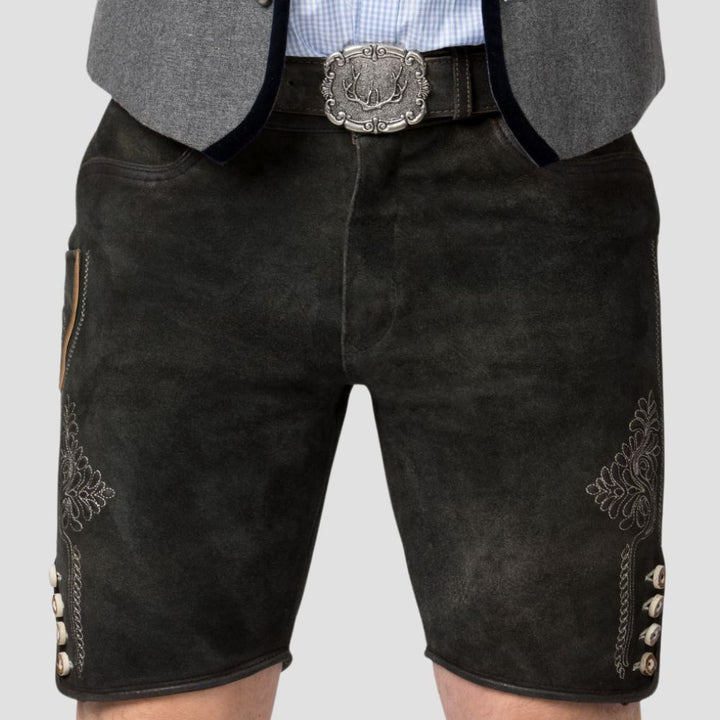 Perfect for cultural celebrations, these black embroidered Lederhosen offer a blend of tradition, comfort, and style.