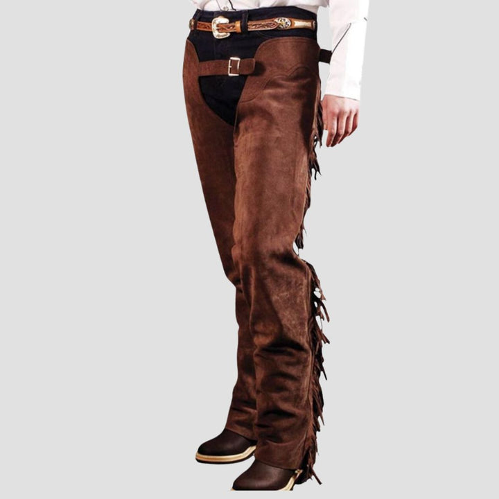 Embrace the western spirit with these authentic leather fringe chaps, perfect for riders who demand style and durability.