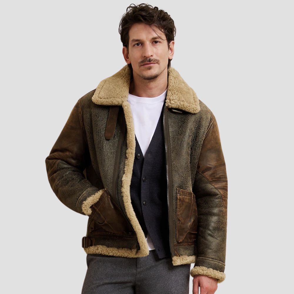 Tackle the cold with style – this rugged Aviator B3 shearling fur jacket is designed for ultimate warmth and winter adventures.