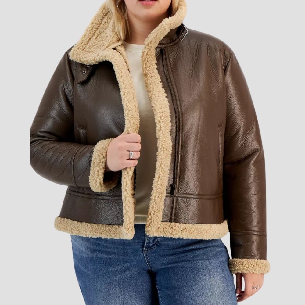 Elevate your winter wardrobe with this chic B3 aviator leather jacket for women. Ideal for trendy winter wear, it combines shearling and leather for a high-fashion look.