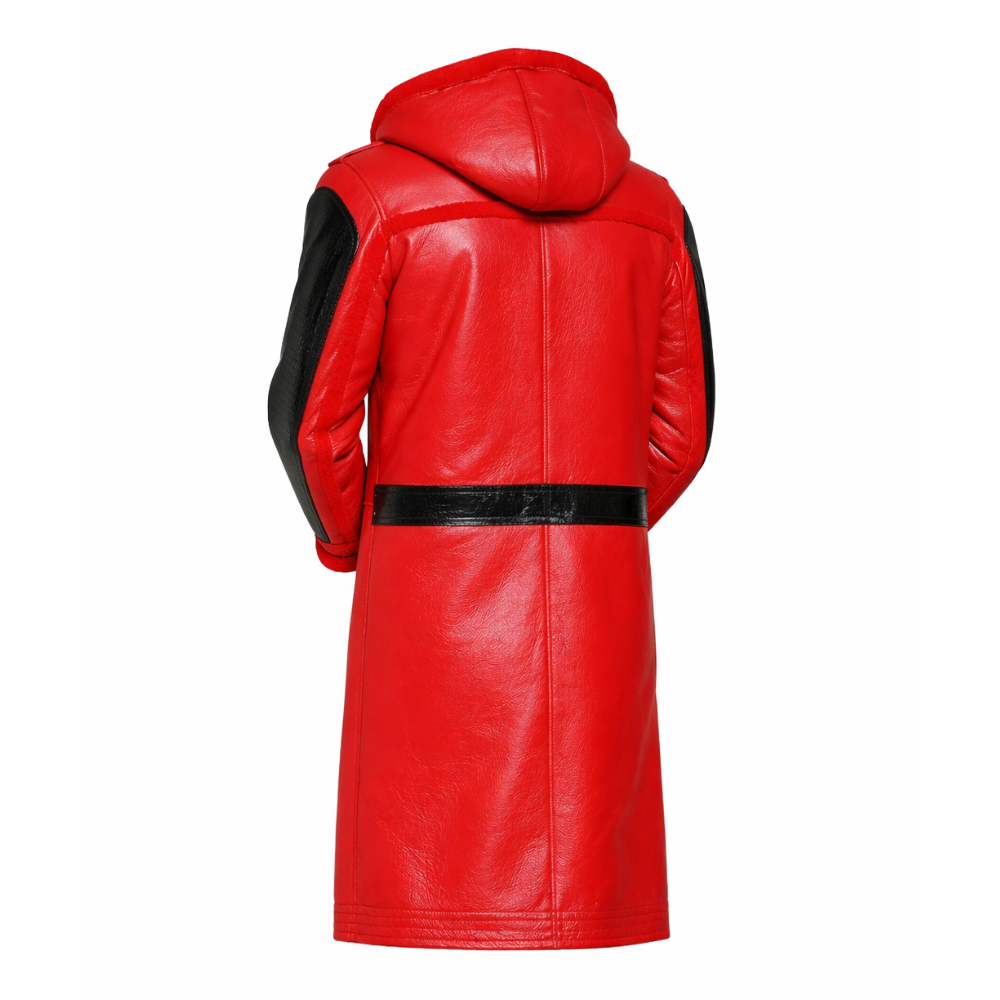Stylish men red B3 shearling leather trench coat for cold weather
