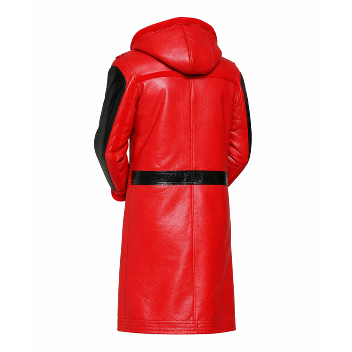 Stylish men red B3 shearling leather trench coat for cold weather