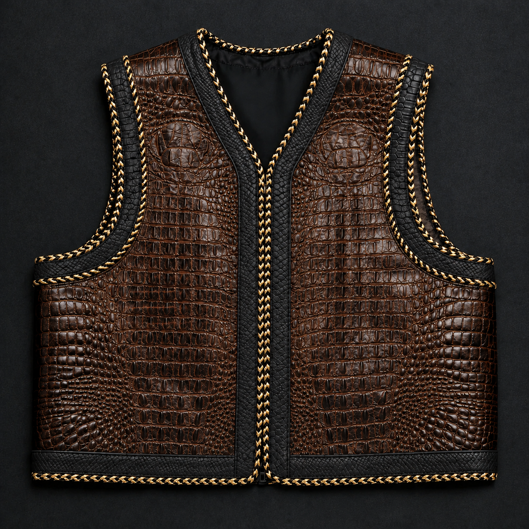Black Crocodile Embossed Leather Vest with Red Trim