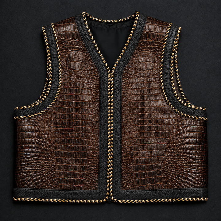 Black Crocodile Embossed Leather Vest with Red Trim