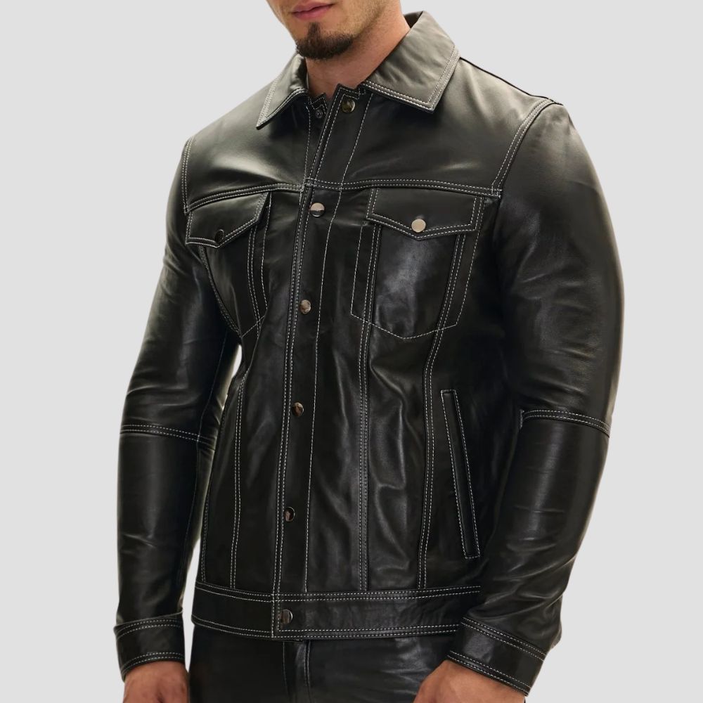 Gear up for an edgy, fashion-forward look with this stylish biker leather shirt, perfect for men who crave bold, contemporary style.