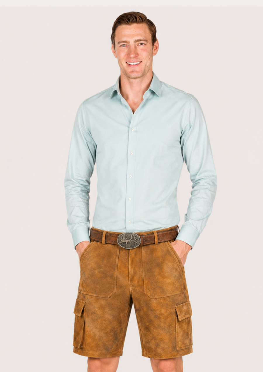 Rustic tan suede lederhosen shorts featuring cargo pockets and vintage styling