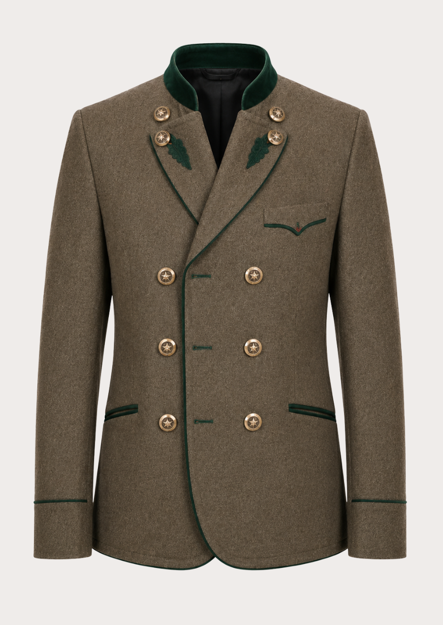 Traditional Bavarian wool Trachten jacket featuring double-breasted closure and antique buttons