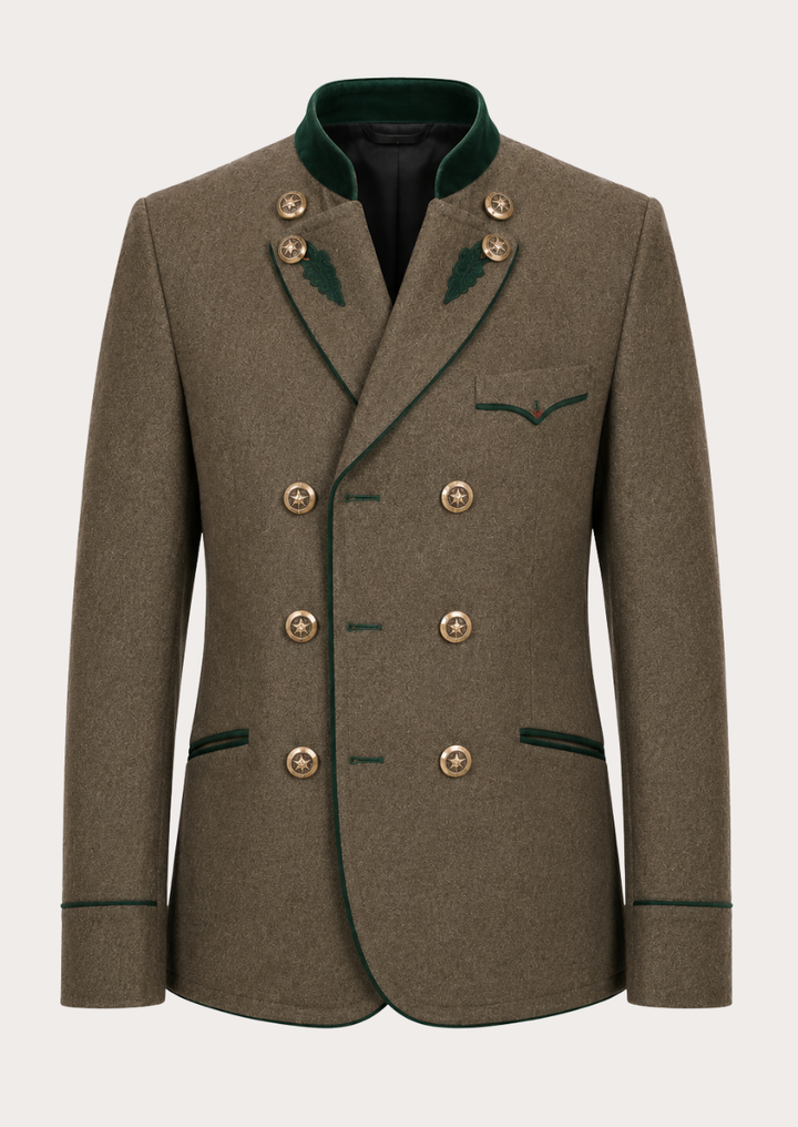 Traditional Bavarian wool Trachten jacket featuring double-breasted closure and antique buttons