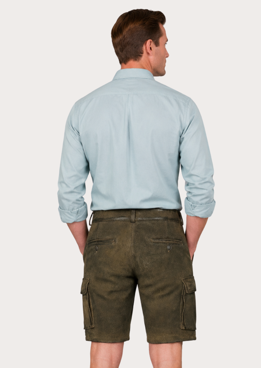 Heritage-inspired leather cargo shorts ideal for Oktoberfest, hunting, and country wear
